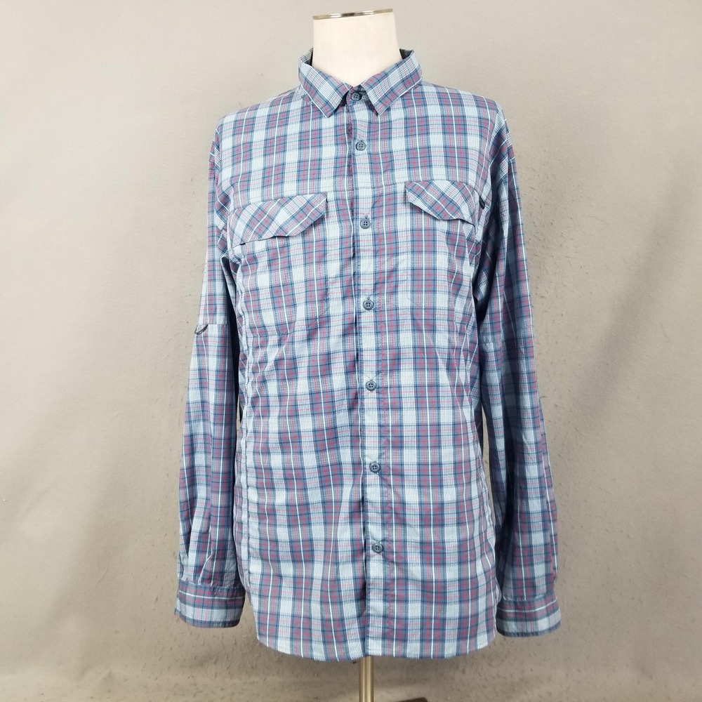 Columbia Fishing Shirt Mens 2XL Blue Red Plaid Omni-Shade Vented Long Sleeve PFG